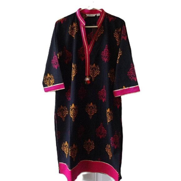 Divena size XXL Kurti cotton black with pink trim, pink, orange yellow print NWT - Picture 1 of 16